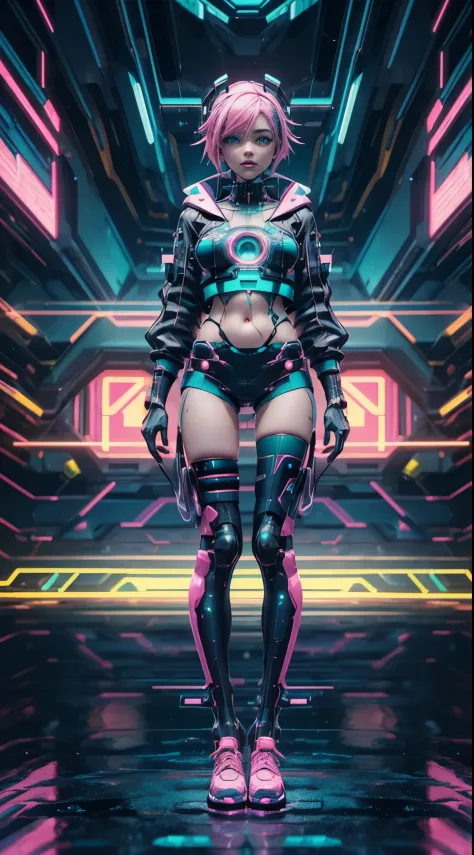 solo, 1girl, full body nude, (electric Aqua pink hair), (electric yellow eyes), ((Cyber punk outfit)), (symmetrical eyes), (Perfect face), (Perfect Anatomy), (looking at viewer), (cyber shot), ((Glitch Art background)), (glitch art:1.3) ((glitch effect)), (8k), (HD), (Cinematography)