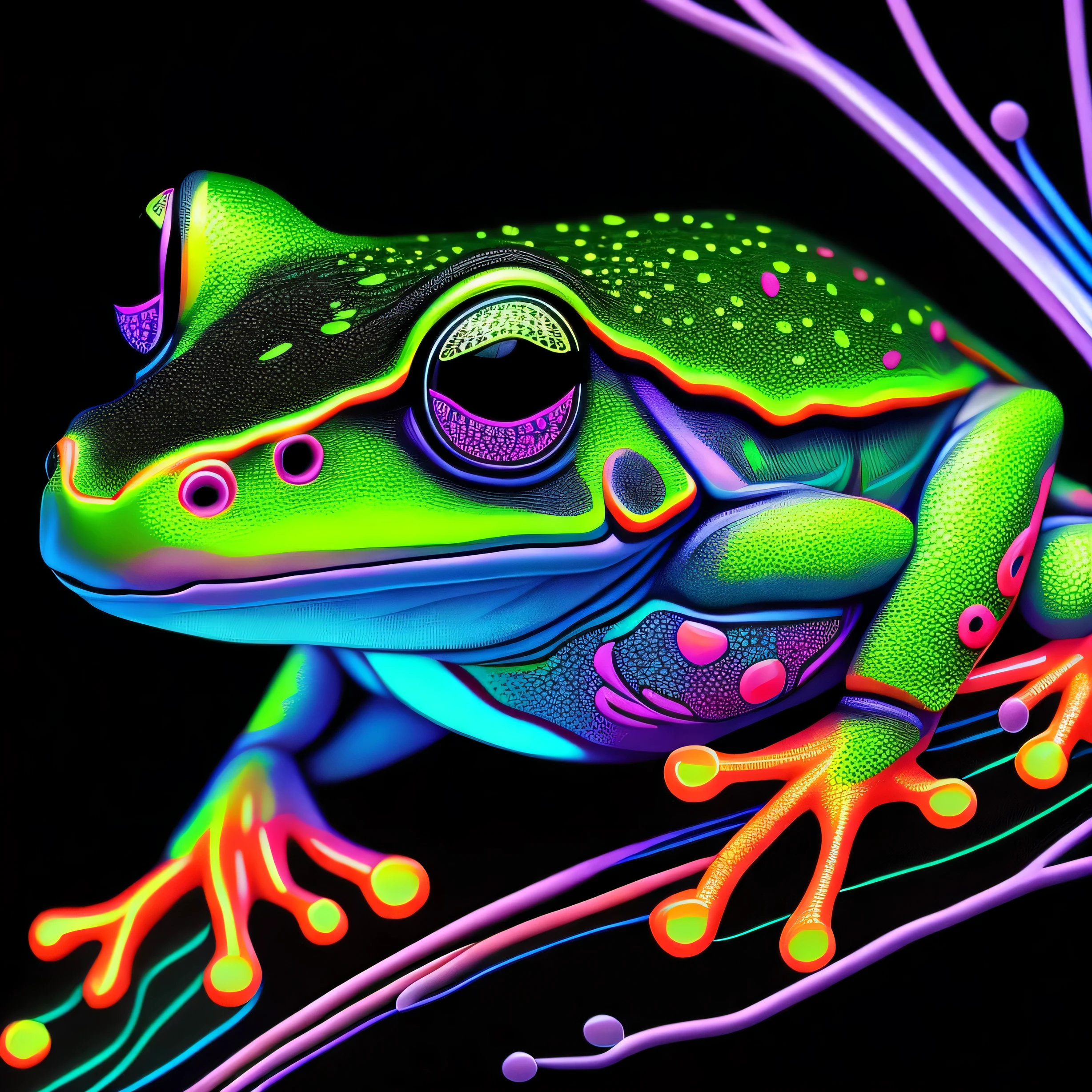 kompliziert und bunt, (digitale Zeichnung:1.2) Neon-Laubfrosch, Helle Neonhaut, wet, Porträt, Konzeptkunst, octane render, Trends auf ArtStation, Neon-Noir-Hintergrund, iolibt, vfx, Blender and Photoshop, octane render, hervorragende Komposition, Kinoatmosphäre, dynamische dramatische Kinobeleuchtung, ästhetisch, sehr inspirierend, Arthouse,(dunkler schlichter schwarzer Hintergrund:1.4))