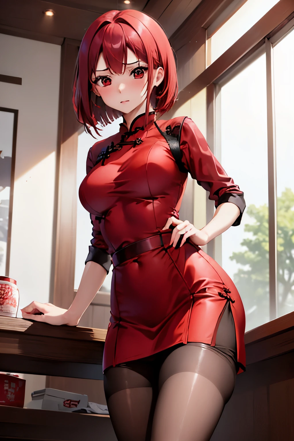 dessus de la table, Meilleure qualité, 1 fille dans, (Karen),Cheveux de couleur rouge, (les yeux rouges:1.2),((robe qipao))、((une minijupe))、((expression gênée))、((Chambre à coucher))、((Photo d&#39;en bas))、((collants))、((cheveux courts))、((culotte rouge))