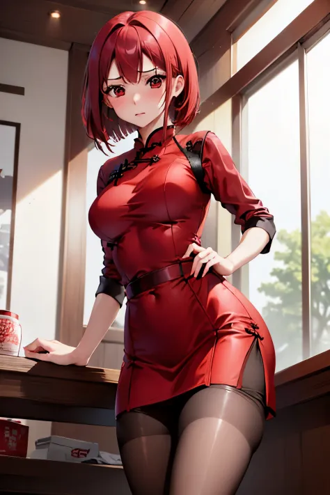 masutepiece, Best Quality, 1girl in, (karen),Red color hair, (red eyes:1.2),((qipao dress))、((a miniskirt))、((embarassed express...
