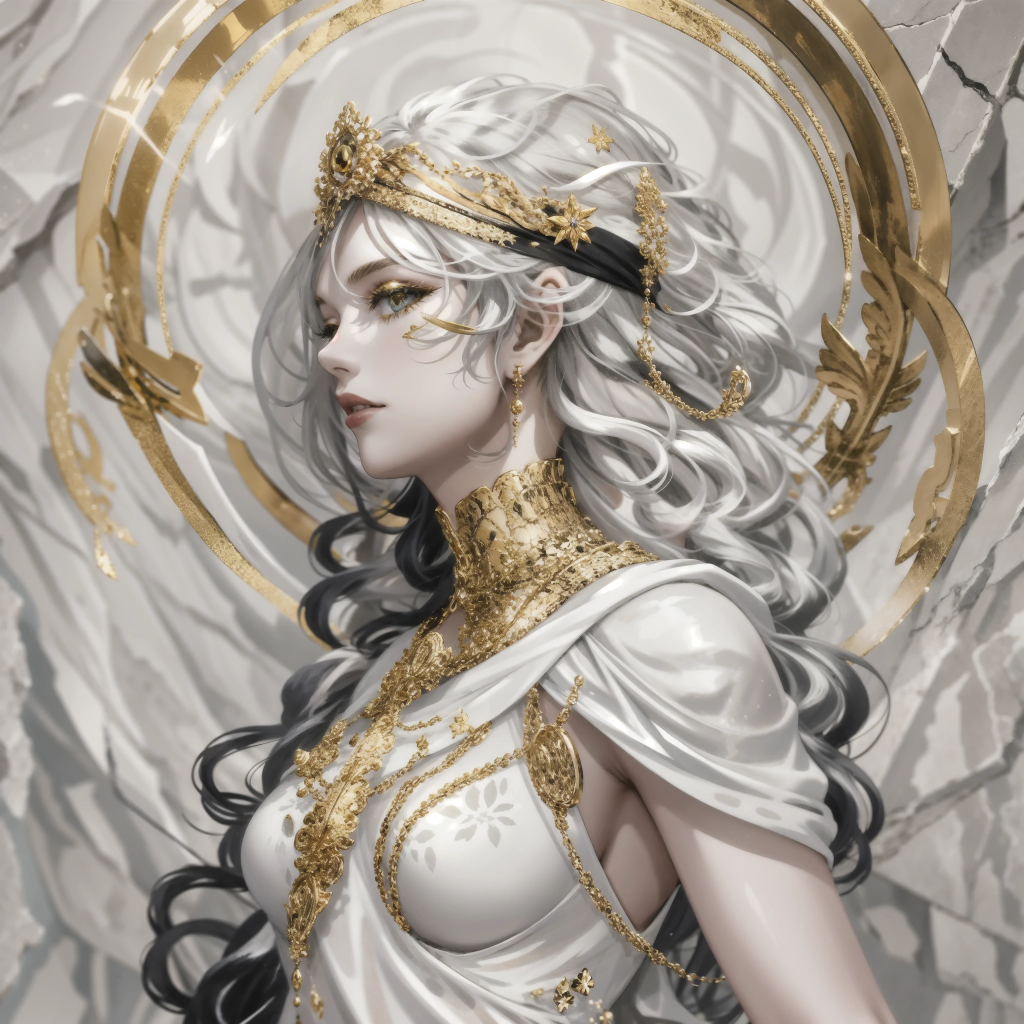 A woman made of stone, white marble with black and gold streaks, greek goddess,  white clothing, anime with striking color tones,