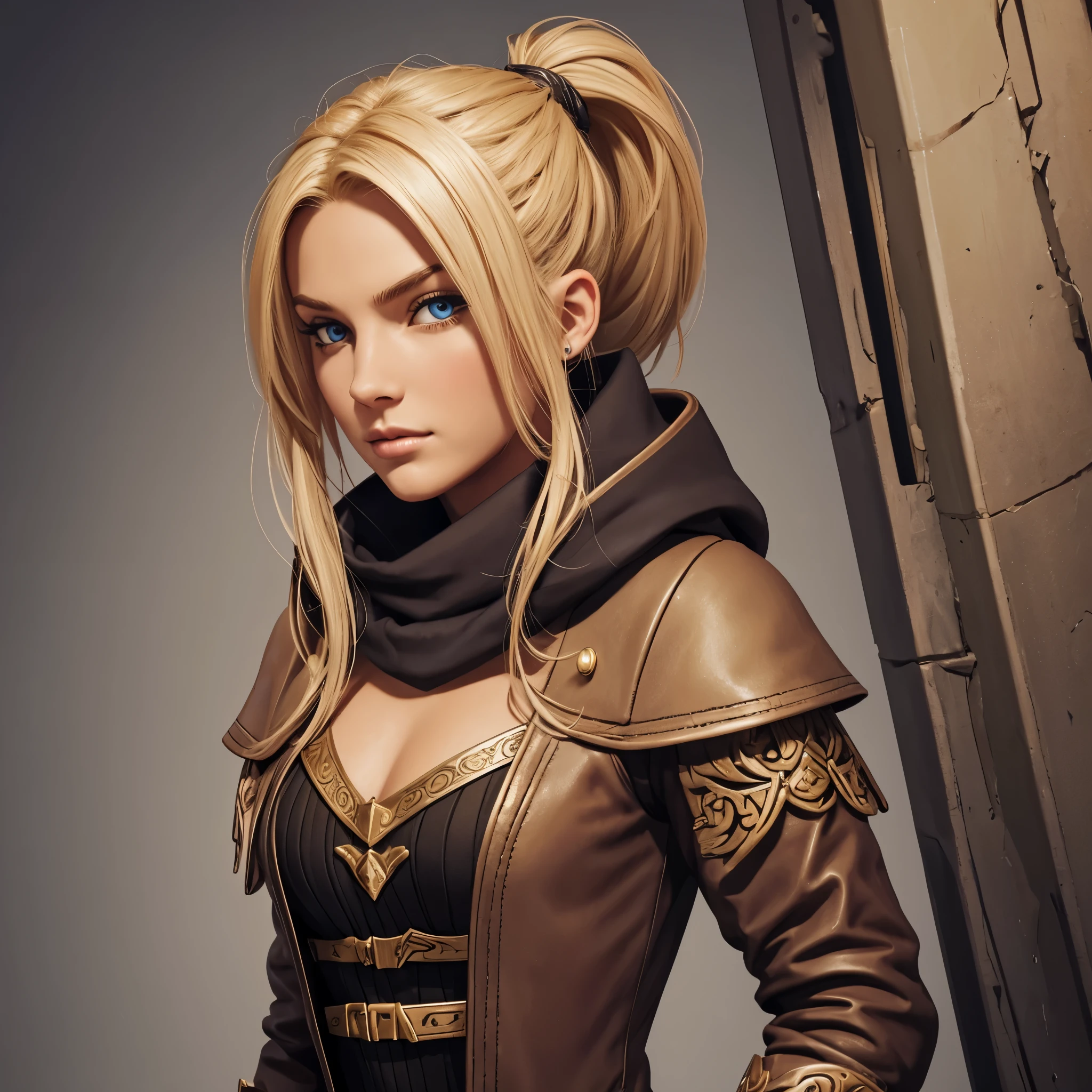 Blonde twenty years old female, European female, mage apprentice, fair but not beautiful, weak, determined, confident, bratty in a magic academy, digital drawing, roleplaying game, dirty, rough, ponytail, shady badass, hood