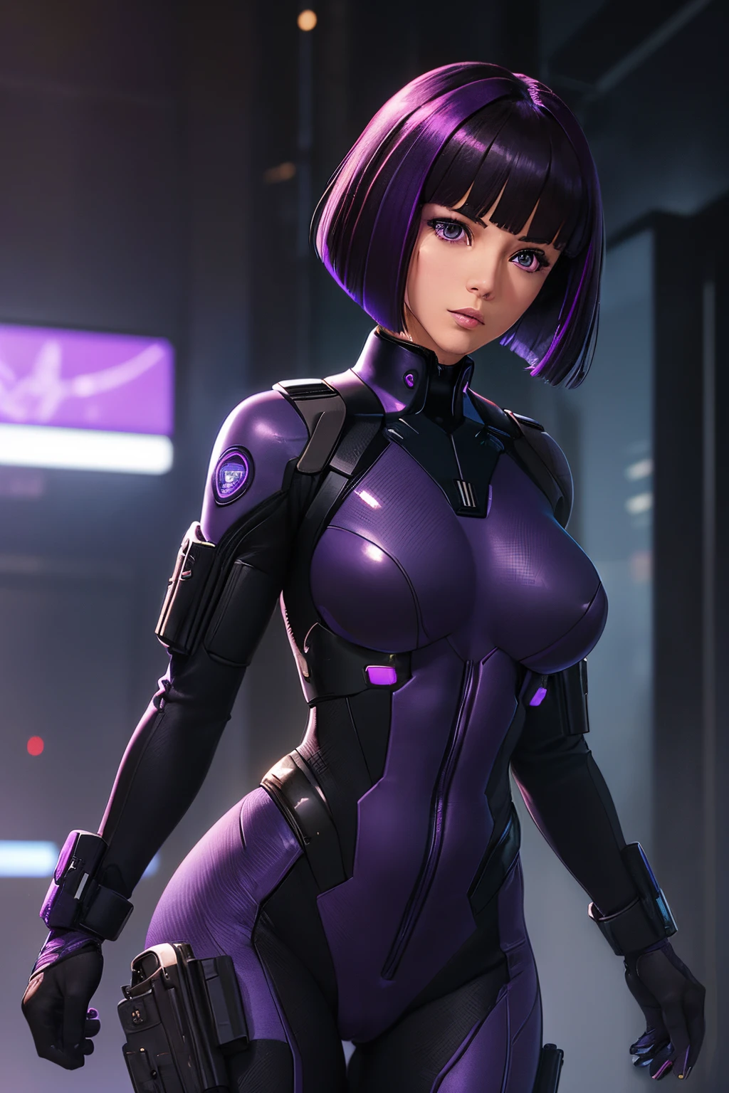 30 year old female police cybernetic federal agent, (major from ghost in the shell), (cute and stunningly beautiful), (a very feminine woman), (athletic build with super model waist), (military training), (Japanese secret agent), (dark purple hair with black highlights:1.3), wearing purple bodysuit, (bob cut), (milf:1.3).