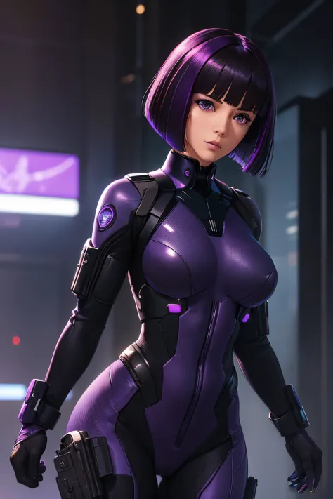 30 year old female police cybernetic federal agent, (major from ghost in the shell), (cute and stunningly beautiful), (a very fe...