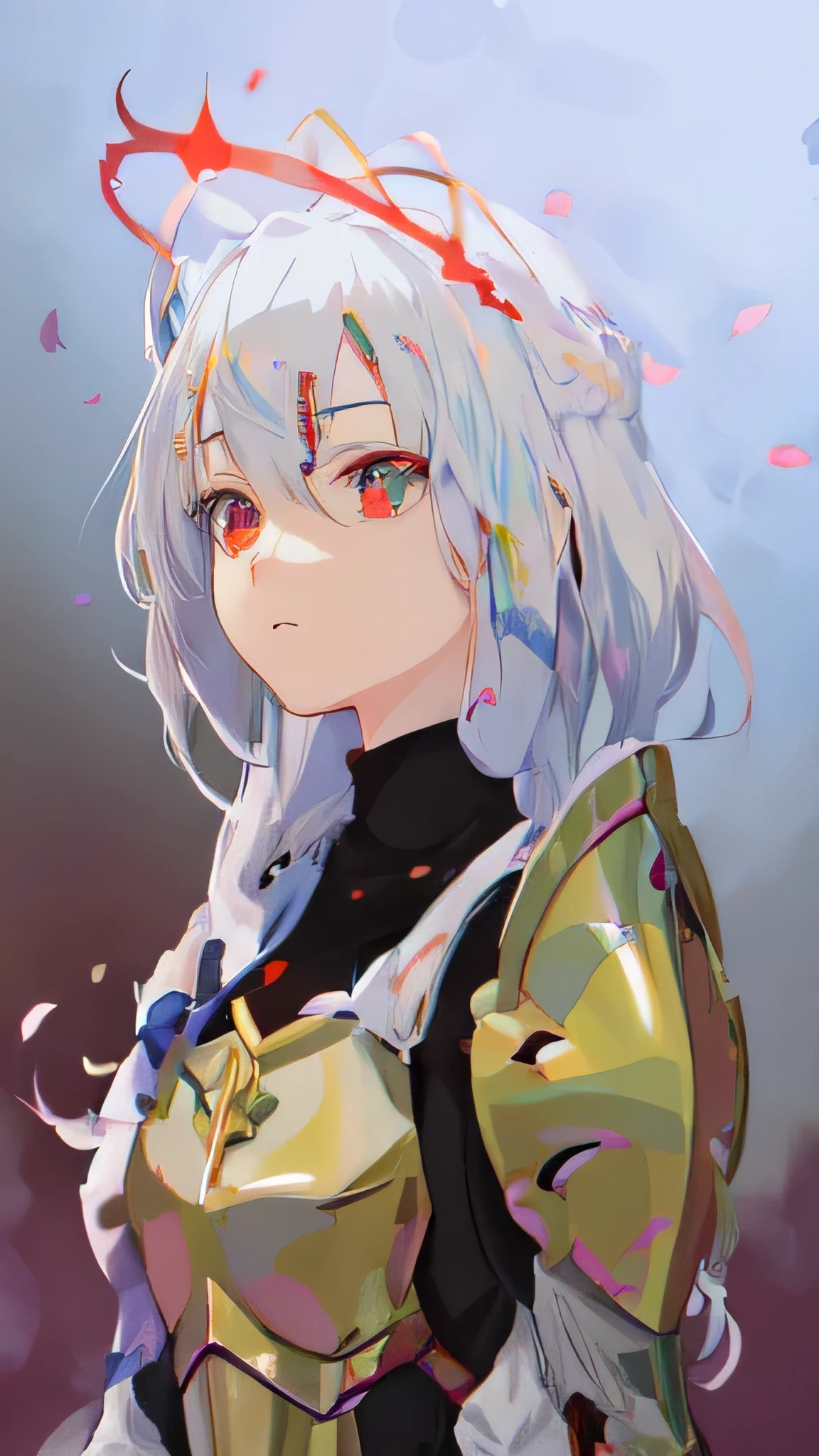 anime girl with white hair and armor holding a sword, portrait knights of zodiac girl, white haired deity, red halo around her head,armor girl, made with anime painter studio, knights of zodiac girl, inspired by Li Chevalier, anime style like faay night, anime artstyle, detailed fanart, flat anime style shading, high quality anime artstyle, white haired, vector shaded anime