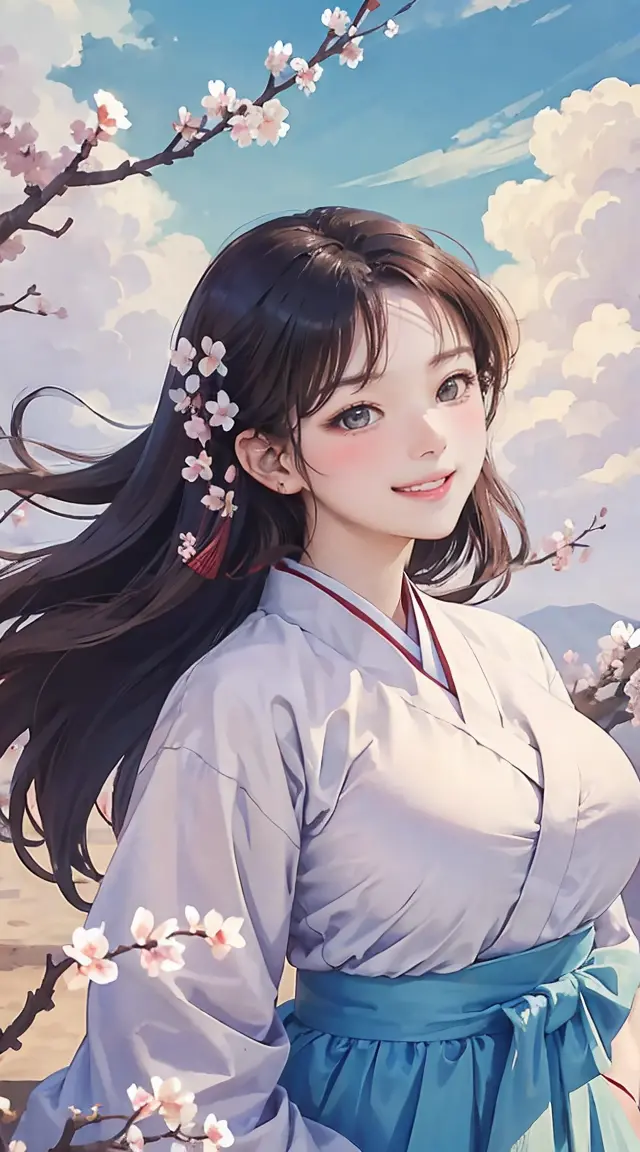 (masterpiece, best quality), huge breasts, hanbok, traditional, ancient, plum blossom, sky, clouds, serene, windy