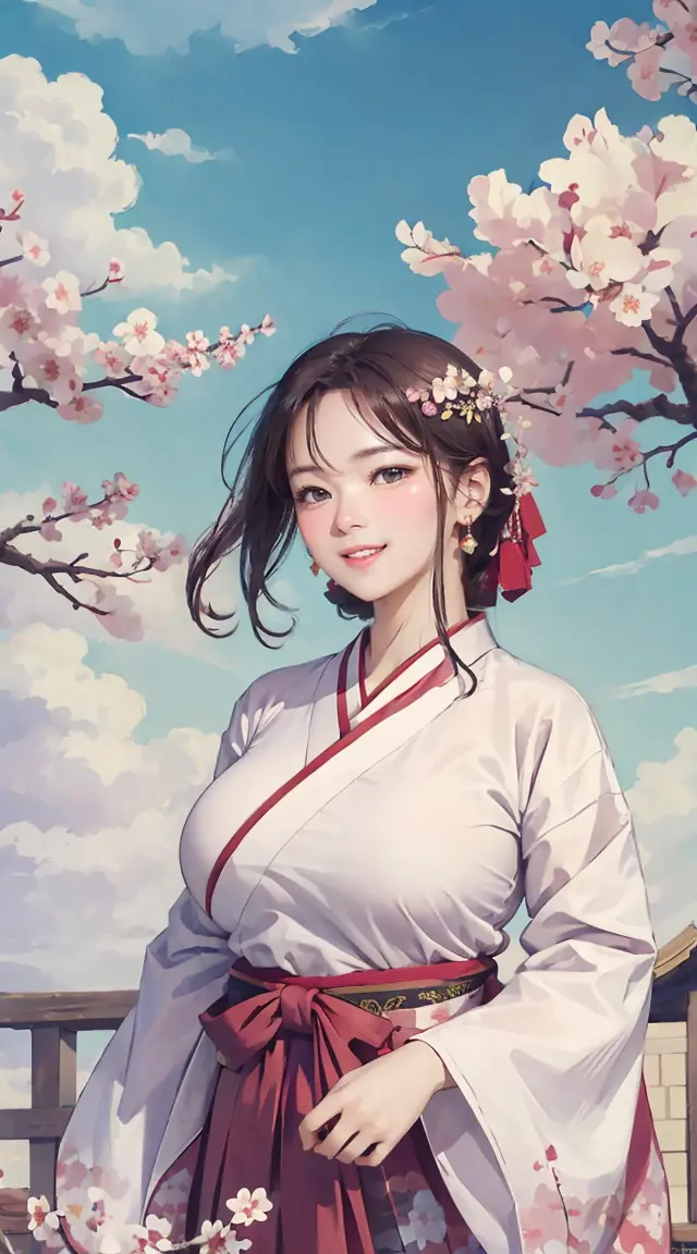 (masterpiece, best quality), huge breasts, hanbok, traditional, ancient, plum blossom, sky, clouds, serene, windy