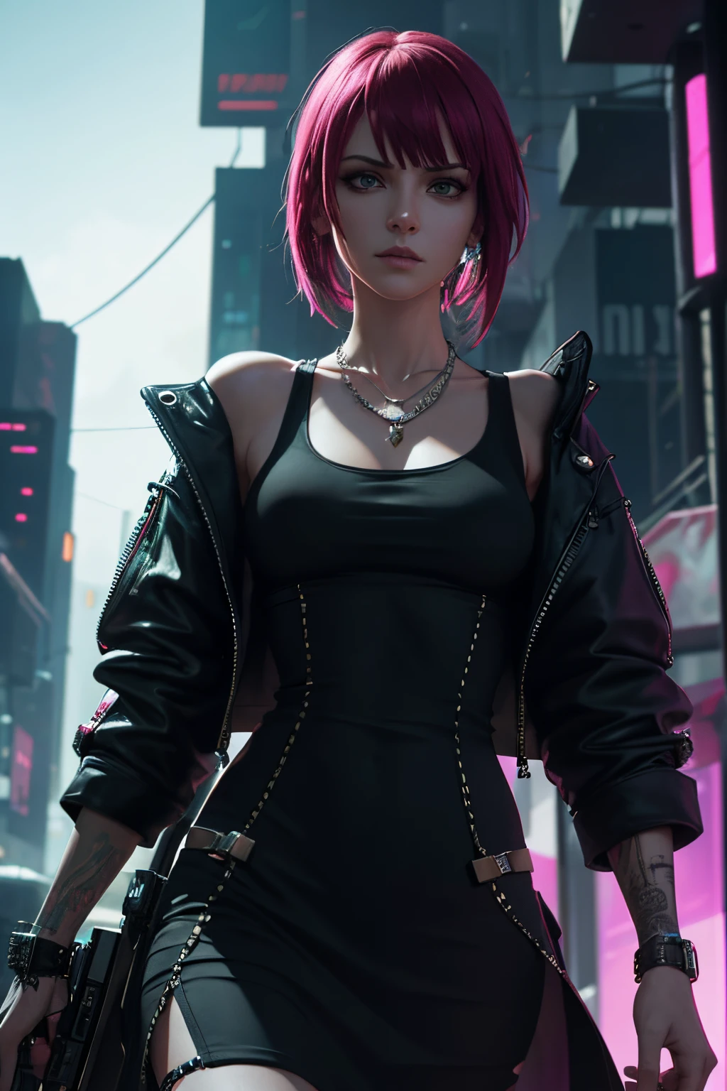 Una mujer delgada con un vestido de camiseta con un profundo escote, representados en un estilo cyberpunk. La mujer tiene una estética punk e iluminada por una iluminación y sombreadores realistas. Su rostro y ojos están particularmente detallados, con un 1.2x énfasis en su complejidad. La obra de arte debe exhibir la mejor calidad, con resolución 4k u 8k, altos niveles de detalle, y una apariencia fotorrealista. La paleta de colores debe reflejar el tema cyberpunk, y la iluminación debe realzar la atmósfera general de la imagen.