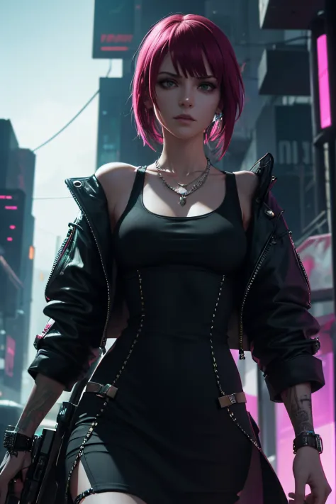 A skinny lady in a t-shirt dress with a deep necklace cut, depicted in a cyberpunk style. The woman has a punk aesthetic and is ...