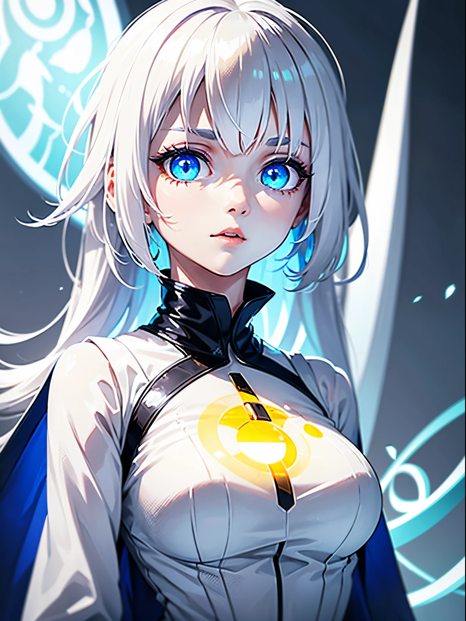 Girl, white hair, left glowing yellow eye, right blue eye, white skin, looks sideways, white clothes, solo, 1person, only upperbody and face, look in the background, not look in the camera