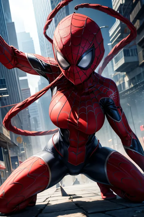 Superhero Spidergirl, white and red spider costume, covered face,on roof, combat stance, highly detailed, vibrant appearance, creative behavior, extremly detailed, imaginative, , spontaneous, highest quality, skin texture, intricate details, (cinematic lig...