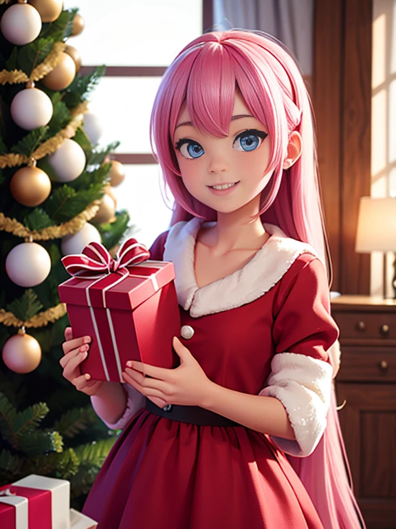 Super realistic 8K UHD image (((Masterpiece))), (((Best quality))), ((ultra definition)), of a beautiful and smiling 3d Pixar girl, blue eyes. pink hair. little red dress papa noel, opening Christmas presents next to the tree in the living room, 1 excited girl, bright pretty face