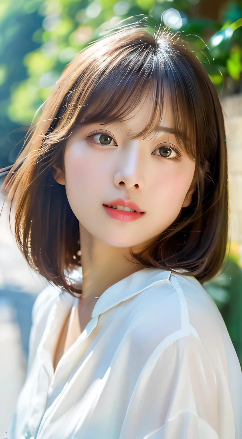 ((Beautiful and shiny、Neat straight bob hair))、plein air, 独奏,top-quality、hyper HD、by Bangortiful :1.3) ((kawaii:1.3))、((sixteen years old)) White shirt　decolletage　Natural color lips　(Lori)  Sense of cleanliness　pure　Half-open lips　((kawaii)) ((frontage))