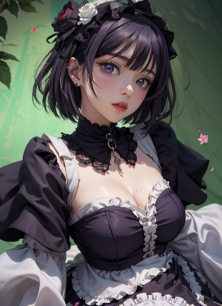 (((Young White Woman))), ((Best Quality)), ((Masterpiece)), (Detail: 1.4), MarinLora, blush, short hair, black hair, hair ornament, thighhighs, long sleeves, dress, purple eyes, purple hair, flower, pantyhose, hairband, frills, hair flower, wide sleeves, apron, black dress, , rose, floral print, lace, lolita fashion, gothic lolita (High dynamic range)