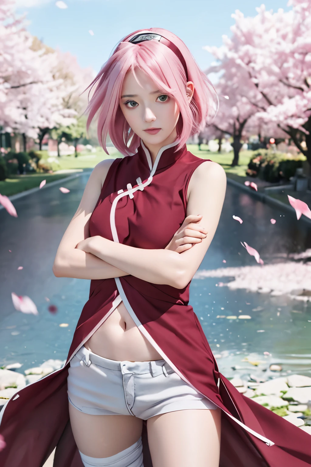 haruno sakura, naruto \(series\), naruto shippuuden, anime art style, masterpiece, red shirt, shirt, short hair, sleeveless, sleeveless shirt, forehead protector, hairband, konohagakure symbol on hairband, 1girl, solo, bangs, breasts, cosplay, real person, real life, closed mouth, elbow sleeve, eyes visible through hair, floating hair, foreshortening, green eyes, hair intakes, parted bangs, pink hair, small breasts, v-shaped eyebrows, detailed background, outdoor, cherry blossoms, sky, (ultra detailed), (8k, intricate), (85mm), light particles, lighting, full body, (highly detailed:1.2), breast focus, (gradients), sfw, colorful, (detailed background), (rule of third_composition:1.3), (Line of action:1.2), daylight, solo