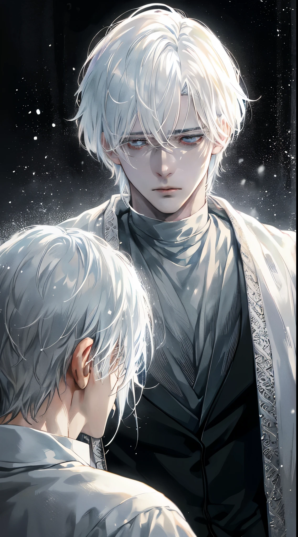 (best quality,ultra-detailed),young anime character portrait,Handsome male with snow white hair, blind eyes, depressed expression, elegantly dressed, mysterious background, soft lighting, fine brushwork, intense emotions, melancholic atmosphere, subtle color palette, realism, high contrast, dramatic composition, face close up, wearing black shirt