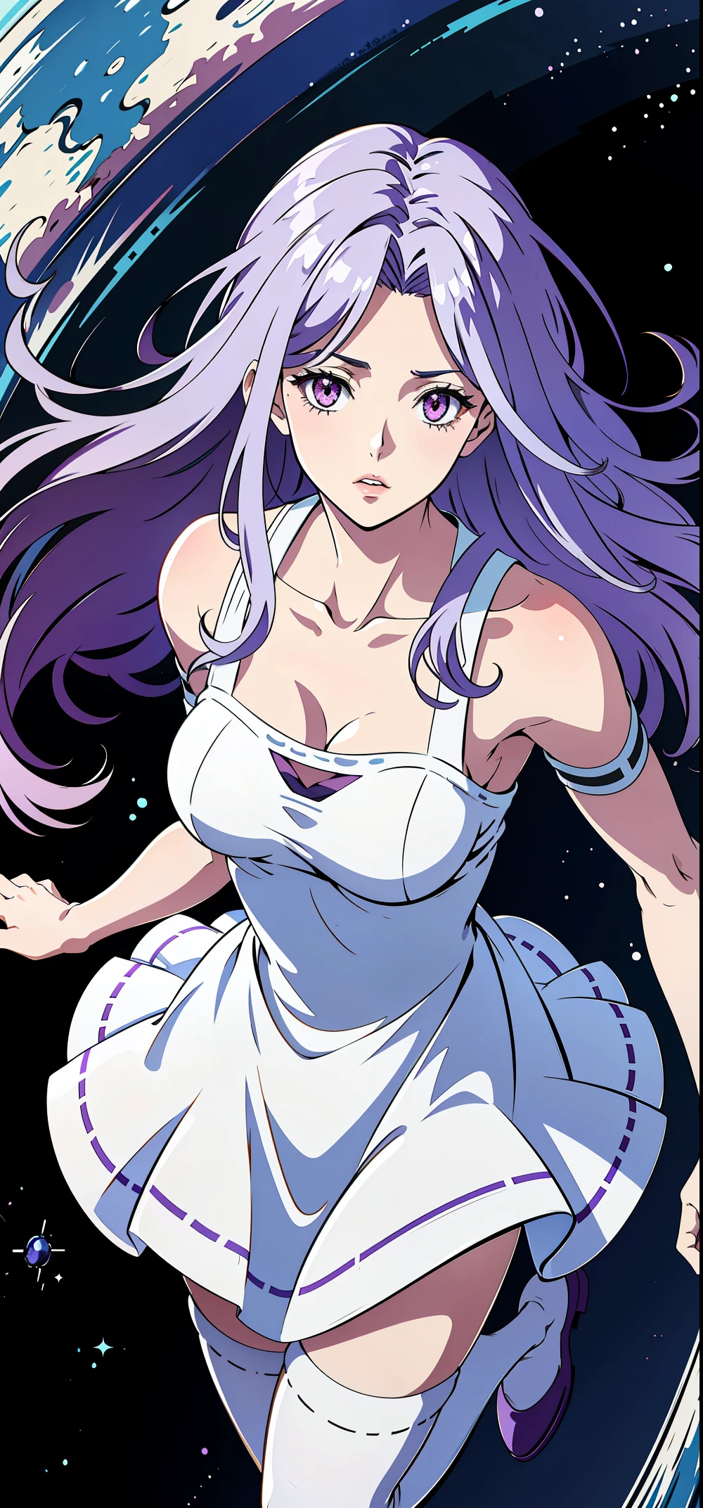 absurd res, hight resolution, (Masterpiece:1.4), Ultra-detailed, 1girl, tokime, From directly above, Space, Floating, Stockings, violet eyes, purple hair, Dress, bare shoulders, white Dress