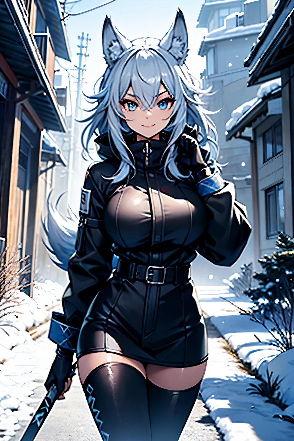 A young wolf girl with beautiful blue eyes, long white hair in a messy style, and prominent white wolf ears stands gracefully in a snowy landscape. She is dressed in a black leather jacket, which contrasts elegantly against the white scenery. Her body is adorned with intricate tattoos, adding to her unique and mysterious charm. The image captures her in a moment of happiness, as she smiles brightly, revealing her captivating beauty. In her hands, she holds a gleaming katana, symbolizing her strength and determination. The artwork is of the highest quality, with a resolution of 4k, ensuring every detail is meticulously rendered. The imagery exudes a sense of mastery and artistry, making it a true masterpiece. The scene is illuminated with soft, natural lighting, enhancing the overall ambiance. The color palette is vibrant and vivid, capturing the essence of the snowy landscape. This prompt guarantees the best quality image, inviting viewers to immerse themselves in the stunning visuals.