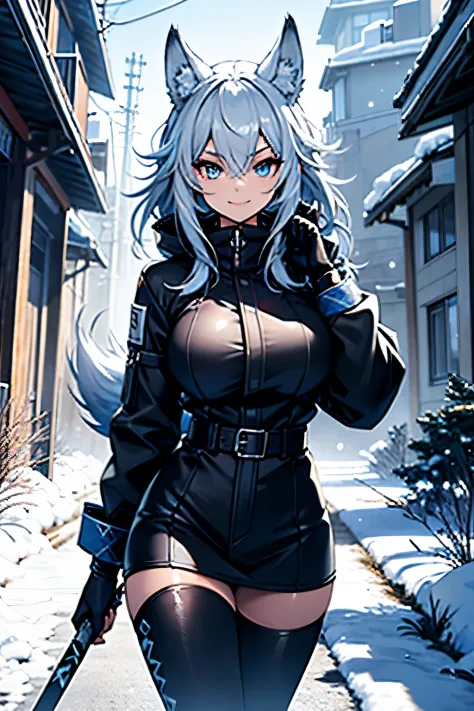 A young wolf girl with beautiful blue eyes, long white hair in a messy style, and prominent white wolf ears stands gracefully in...