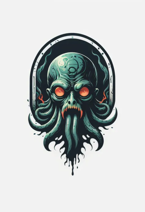Lovecraftian horror logo design,t shirt design,beefy style,design only,white background,no model,professional,high contrast,high-res,ultra-detailed,vivid colors,metallic accents,sharp focus,edgy,dynamic composition,gritty texture,rough brush strokes,mechan...
