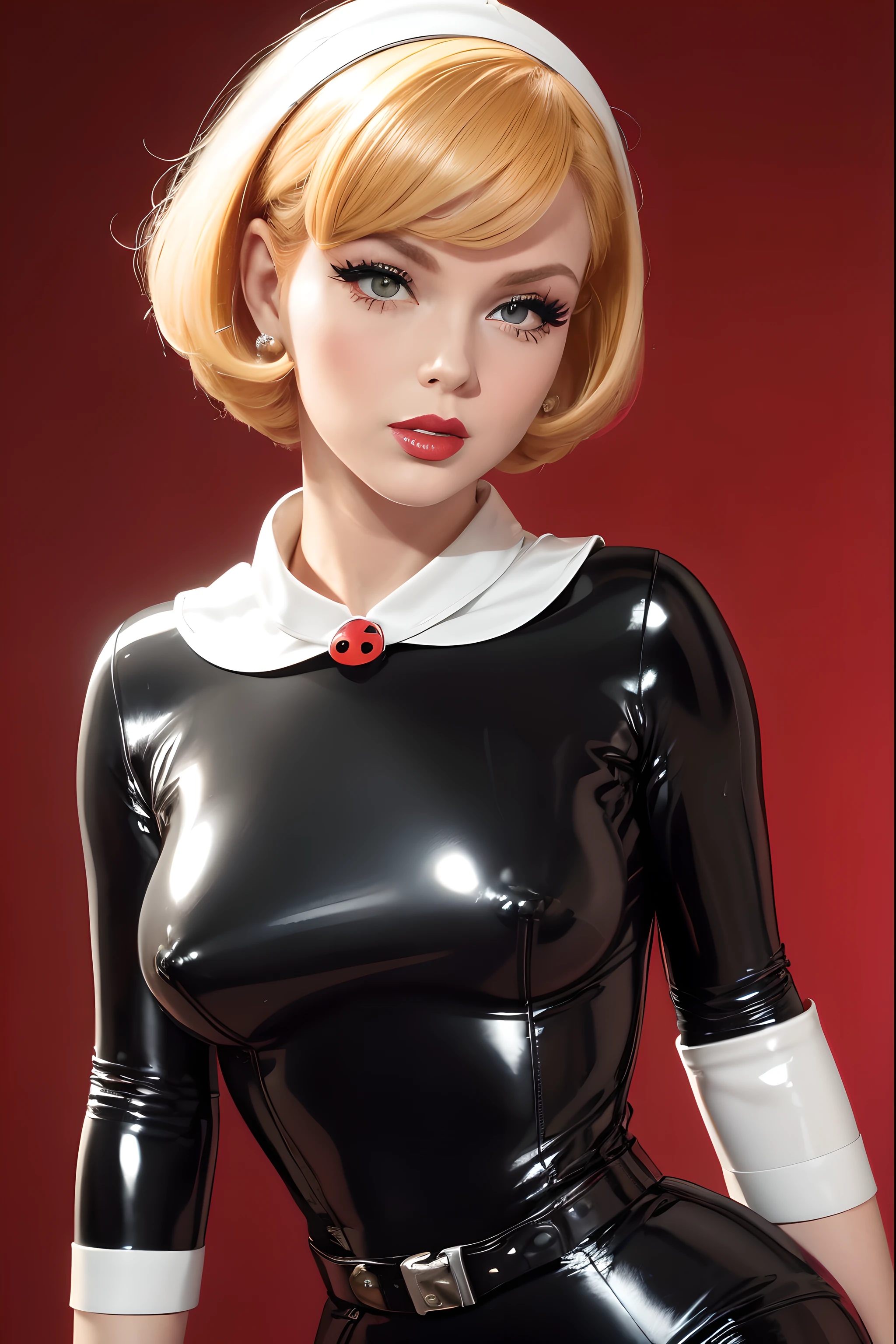 (((Masterpiece))) redhead woman with short hair in (((dressed in 1950's or 1960's pulp sci fi costume, Spy look, Black and White latex, White latex))) , a photo by Allan Linder, flickr, pop art, hair, 60s style, 60s style, brigitte bardot, 1960s style, retro 60s fashion, poppy, cut, medium yellow blond hair, pixie, redhead hair, sexy pose, small breast, beautiful sexy look, sweet lips, hard nipples, pink nipples, red lips, Double flick lined eyes, rock and roller makeup, lustful look, sexy eyes, red flat background,