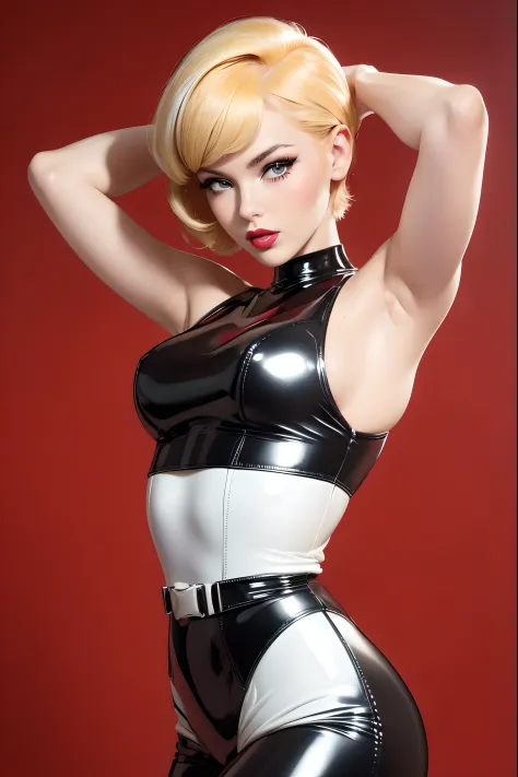 (((Masterpiece))) redhead woman with short hair in (((dressed in 1950's or 1960's pulp sci fi costume, Spy look, Black and White...