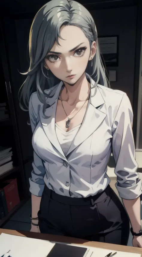 (((masterpiece))) Sae Niijima, wearing an office lady suit, long pants, in an office, standing, serious looks, bright