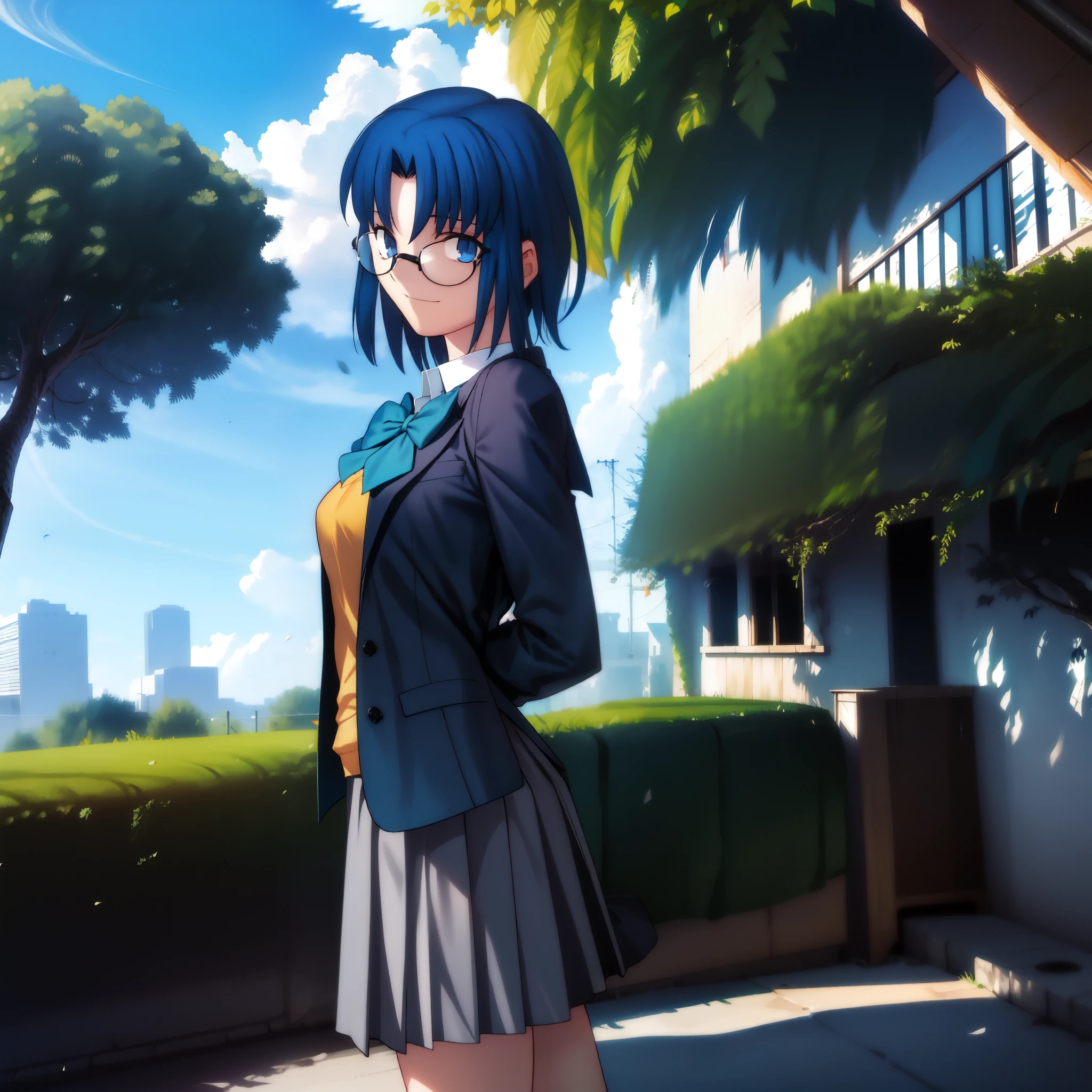 ciel_(tsukihime), 1girl, black jacket, blazer, blue hair, blurry, bow, bowtie, building, cloud, collared shirt, day, depth of field, fence, from side, (glasses:1), green bow, green bowtie, jacket, looking at viewer, school uniform, shirt, short hair, sky, solo, standing, (full body:1.1), from below, vest, white shirt, yellow vest, outdoors, smile, black-framed eyewear, open clothes, blue sky, closed mouth, long sleeves, tree, open jacket, blue jacket, breasts, arms behind back, yellow cardigan, uniform, pocket