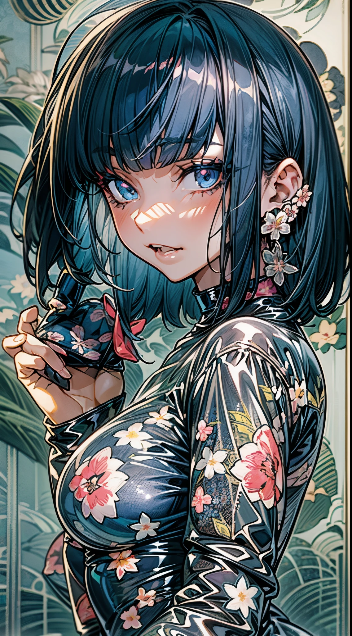 1girl, solo, ruthless, ((floral pattern:1.5)(black:1.3)(latex:1.3)gloves), dark gothic punk, piercing, blunt bangs, dark blue hair, straight short bob, water mirror, ultra dynamic angle, ultra dynamic posture, ultra detailed, 8k.