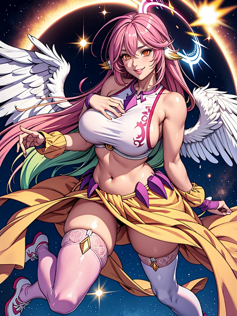 jibril 1girl, solo, long hair, breasts, sideboob, halo, pink hair, pink stocking, low wings, compass rose halo, wings, navel, book, gloves, bird ears, midriff, magic circle, asymmetrical legwear, angel, angel wings, animal ears, very long hair, yellow eyes, white wings, large breasts, mismatched legwear, single shoe, feathered wings, orange eyes, shoes, multicolored eyes, thighhighs, crop top, cross, multicolored hair, gradient hair, looking at viewer,, smile ,gotten up