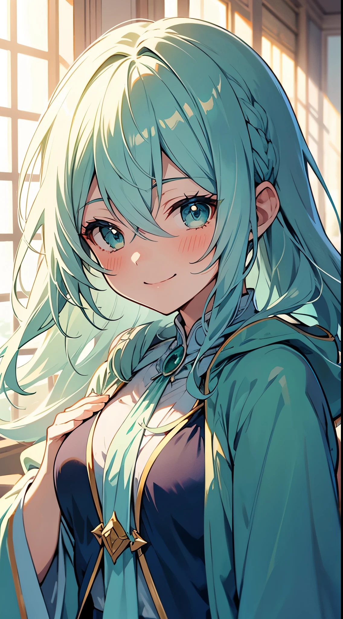 [[[ ultra-detailed, best quality, soft skin, beautiful]]], portrait, green viridian eyes, white hair with shades of blue, undine, mage robes, room background, smiling, blushing.