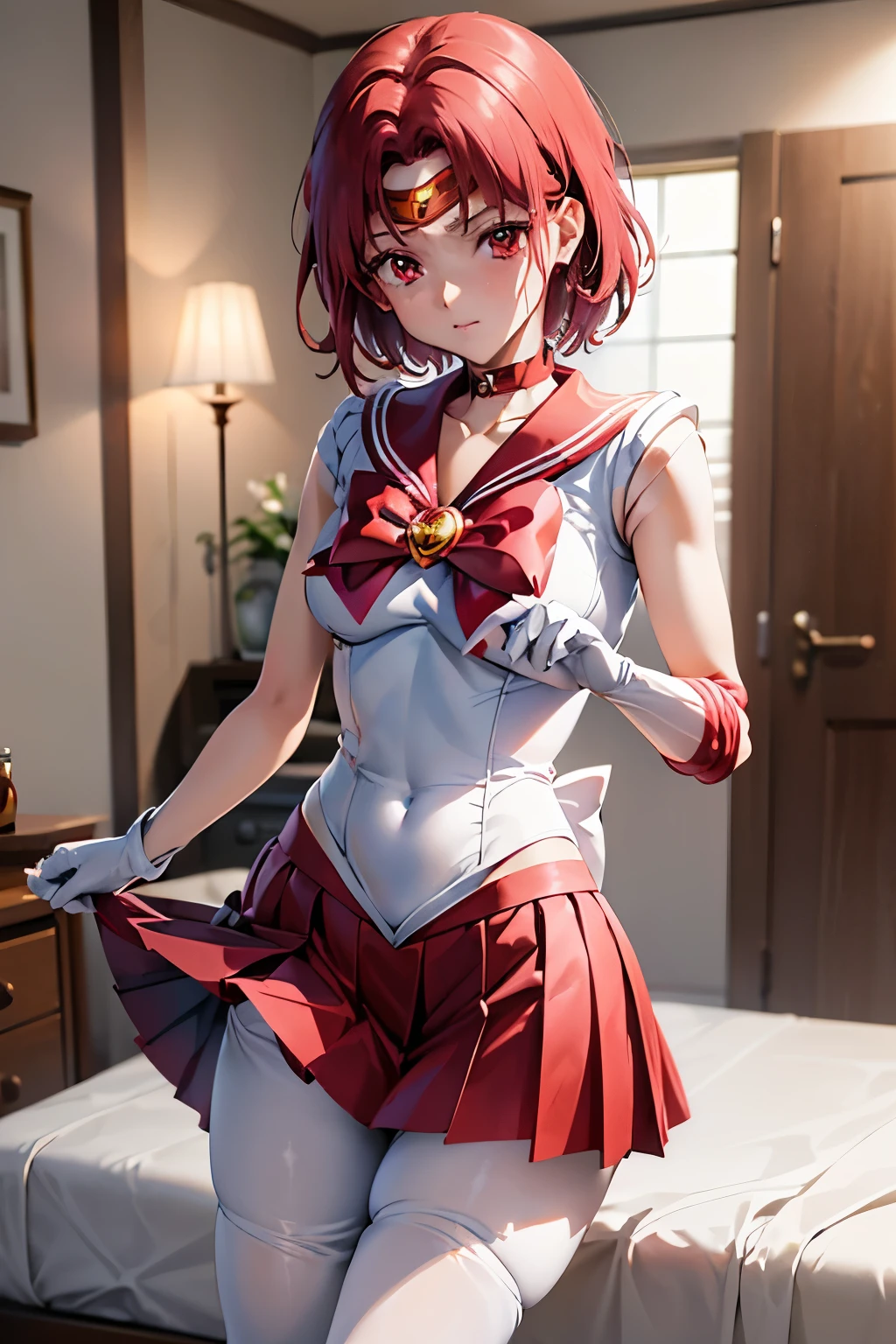 masutepiece, Best Quality, 1girl in, (karen),Red color hair, (red eyes:1.2),((Sailor Senshi))、((a miniskirt))、((embarassed expression))、((Bedroom))、((Photo from below))、((pantyhose))、((short-hair))、((White Long Gloves))