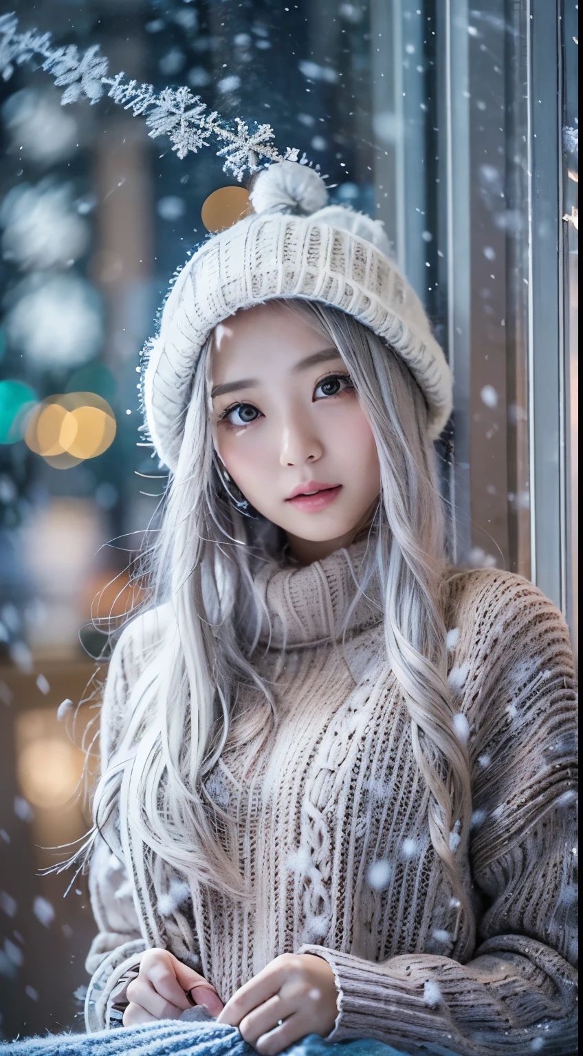 stand in front of the Christmas show window, japanese woman,  (knit sweater:1.3), snowing, pupils sparkling, silver long hair, depth of field, f/1.8, anatomically correct, textured skin, super detail, high details, high quality, super detail, high details, high quality, best quality, highres