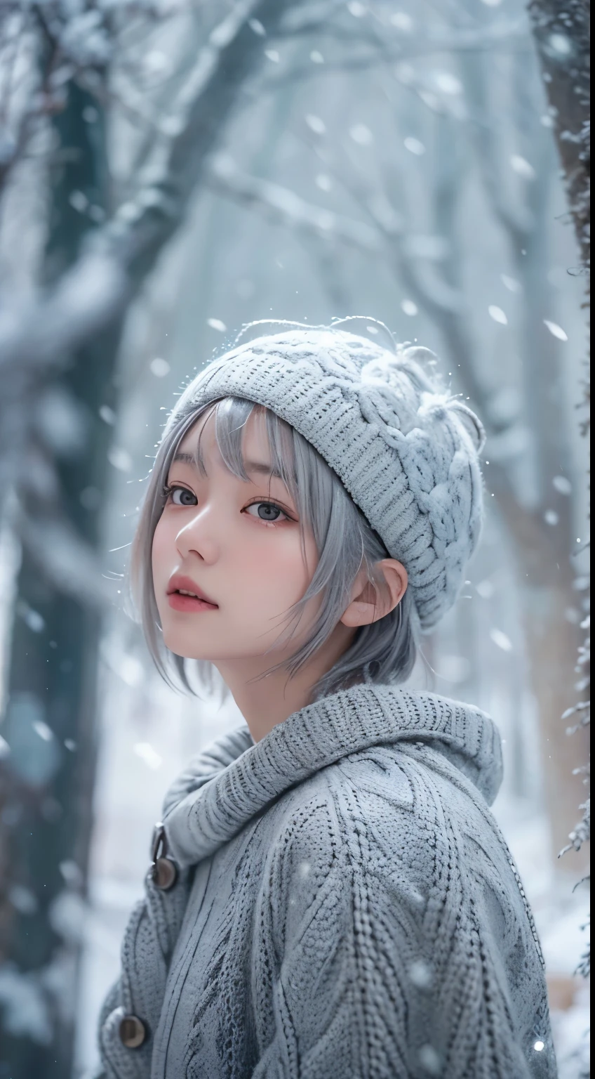 in the snowy forest, japanese girl, knit sweater, snowing,pupils sparkling, silver short hair, realistic Portrait, depth of field, f/1.8, anatomically correct, textured skin, super detail, high details, high quality, super detail, high details, high quality, best quality, highres