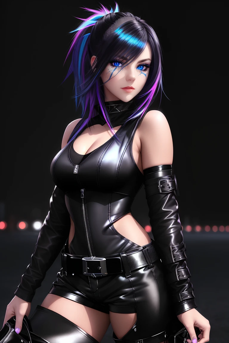 beautiful girl, full body, short bright blue neon streaked dishevelled hair, ((large light realistic detailed eyes:1.3)), ((seductive pose:0.5)), black eyeshadow, (street style wear:1.2), ((tight fitted short pants)), ((thigh high leather boots:1.3)), (dark city night black background:1.4), dark makeup, digital art, trending on artstation, highly detailed, fine detail, intricate, beautiful detailed glow, detailed, Cinematic light, high-res, detailed facial features, sharp focus, smooth, aesthetic,