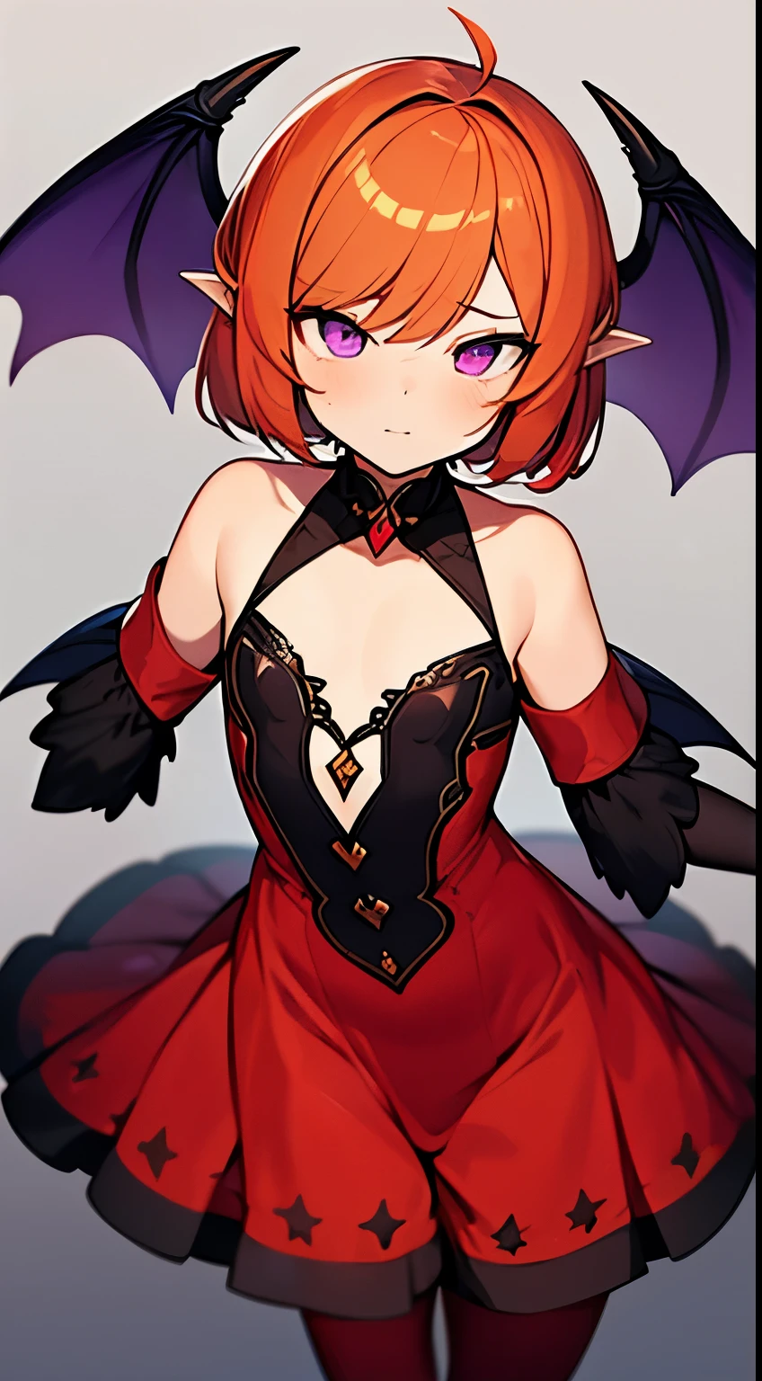 (Best Picture:1.2), (Best Quality:1.3), Masterpiece, highest quality, full body esbian, finely detail, detailed face, full of details, highly detailed, 1boy, femboy, short wavy hair, bob hair, orange hair, purple eyes, horns, mini-dress, fantasy, demon wings, red outfit, trap, nervous expression, flat chest, bulge