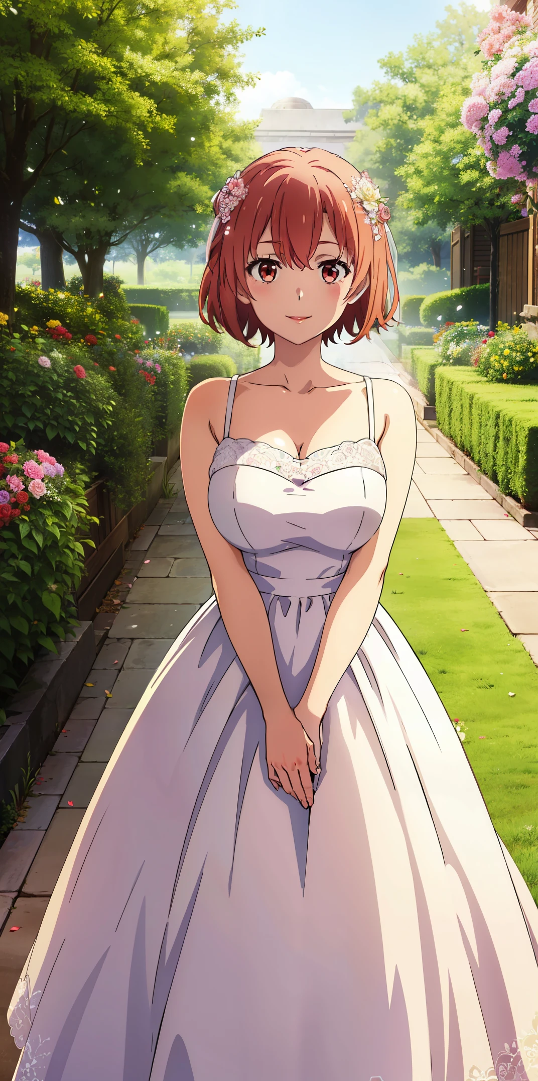 Best quality, masterpiece, highres, 1girl, Yuigahama yui, wedding Dress , red lips, short hair, long dress , bride, flowers in arms, big boobs, Standing, smile, garden background