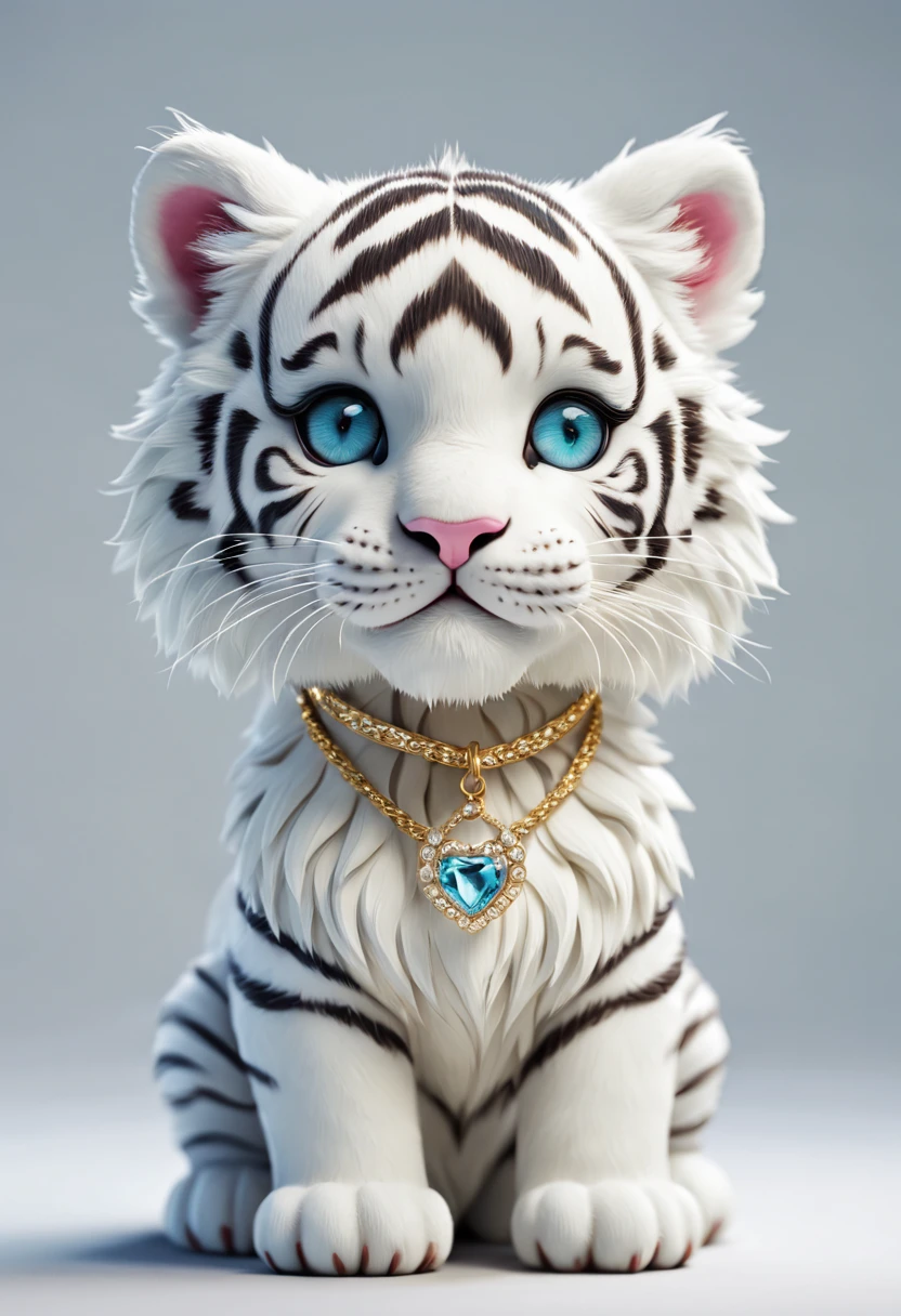 cute tiny hyperrealistic white tiger with different color eyes waring a necklace, Chibi, adorable and fluffy, logo design, cartoon, cinematic lighting effect, charming, 3D vector art, cute and quirky, fantasy art, bokeh, hand-drawn, digital painting, soft lighting, isometric style, 4K resolution, photorealistic rendering, highly detailed clean, vector image, photorealistic masterpiece, professional photography,  space backdrop, flat white background, isometric, vibrant vector