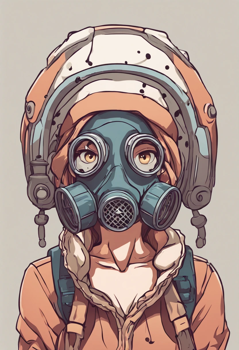 portrait of a little mushroom woman. Wearing a gas mask. Prominent eyes, illustration, anime, vector, nft, azuki style, anime style, single shot, complex background, colorful best image quality, masterpiece, super high resolution, (fidelity:1. 4), mugshot frame photo