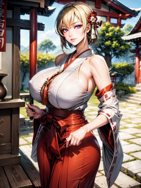 best quality, masterpiece, extremely detailed CG, extremely detailed 8K wallpaper, standing, HDR ,1girl, solo, outdoors, Japanese shrine, miko, shrine maiden cowboy shot, solo, looking at viewer, miko outfit, short hair, blonde hair, straight hair, , intri...