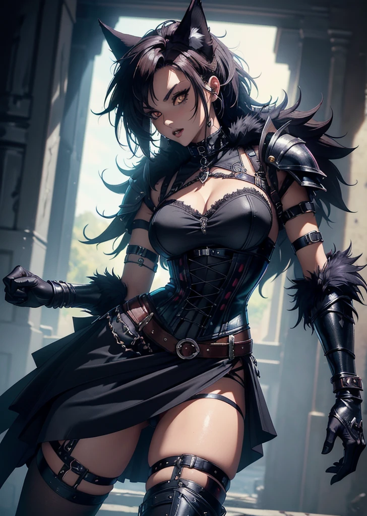 ((best quality, masterpiece, 4k, 8k, high res)), ((furry; Anthro Wolf)), brunette, dynamic pose, ferocious, fangs, full body, female werewolf, sexy, vibrant colors, (edgy punk hairstyle), knight armor, well-toned abs, Victorian dress, goth corset,