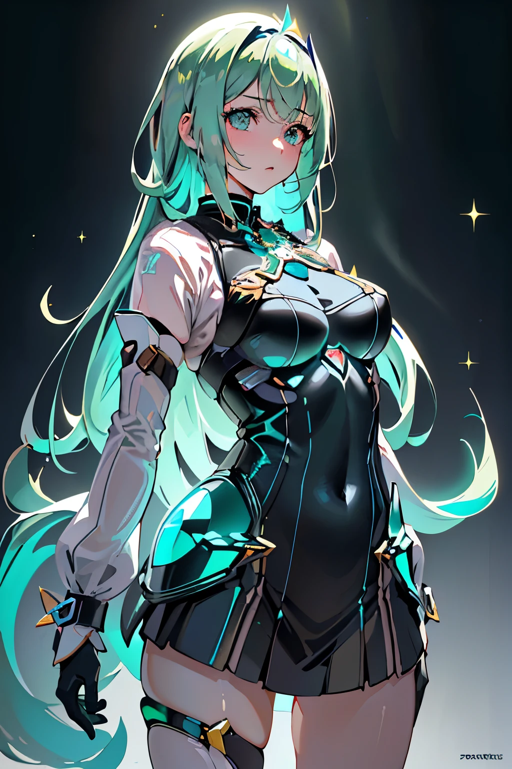 Anime, Girl, (((1girl))), (((Waifu, Xenoblade Chronicles 2, Pneuma Waifu))), Techwear, (((Seafoam Green Hair, Long Hair))), ((Seafoam Green Eyes eyes:1.3, Upturned Eyes: 1, Perfect Eyes, Beautiful Detailed Eyes, Gradient eyes: 1, Finely Detailed Beautiful Eyes: 1, Symmetrical Eyes: 1, Big Highlight On Eyes: 1.2, Hoshino Ai's Star Eyes)), (((Lustrous Skin: 1.5, Bright Skin: 1.5, Skin Fair, Shiny Skin, Very Shiny Skin, Shiny Body, Plastic Glitter Skin, Exaggerated Shiny Skin, Illuminated Skin))), (Detailed Body, (Detailed Face)), Young, Idol Pose, (Best Quality), Shirt, Loose Skirt, Stockings, Garterbelt, Modest Clothing, Skin Covered, Cute Disposition, High Resolution, Sharp Focus, Ultra Detailed, Extremely Detailed, Extremely High Quality Artwork, (Realistic, Photorealistic: 1.37), 8k_Wallpaper, (Extremely Detailed CG 8k), (Very Fine 8K CG), ((Hyper Super Ultra Detailed Perfect Piece)), (((Flawlessmasterpiece))), Illustration, Vibrant Colors, (Intricate), High Contrast, Selective Lighting, Double Exposure, HDR (High Dynamic Range), Post-processing, Background Blur