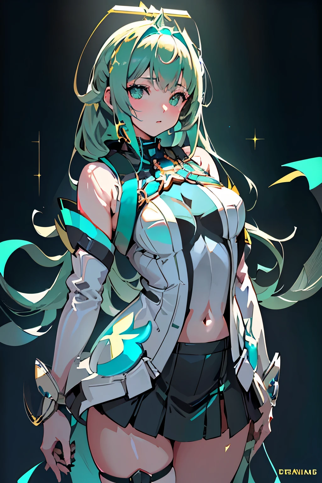 Anime, Girl, (((1girl))), (((Waifu, Xenoblade Chronicles 2, Pneuma Waifu))), Techwear, (((Seafoam Green Hair, Long Hair))), ((Seafoam Green Eyes eyes:1.3, Upturned Eyes: 1, Perfect Eyes, Beautiful Detailed Eyes, Gradient eyes: 1, Finely Detailed Beautiful Eyes: 1, Symmetrical Eyes: 1, Big Highlight On Eyes: 1.2, Hoshino Ai's Star Eyes)), (((Lustrous Skin: 1.5, Bright Skin: 1.5, Skin Fair, Shiny Skin, Very Shiny Skin, Shiny Body, Plastic Glitter Skin, Exaggerated Shiny Skin, Illuminated Skin))), (Detailed Body, (Detailed Face)), Young, Idol Pose, (Best Quality), Shirt, Loose Skirt, Stockings, Garterbelt, Modest Clothing, Skin Covered, Cute Disposition, High Resolution, Sharp Focus, Ultra Detailed, Extremely Detailed, Extremely High Quality Artwork, (Realistic, Photorealistic: 1.37), 8k_Wallpaper, (Extremely Detailed CG 8k), (Very Fine 8K CG), ((Hyper Super Ultra Detailed Perfect Piece)), (((Flawlessmasterpiece))), Illustration, Vibrant Colors, (Intricate), High Contrast, Selective Lighting, Double Exposure, HDR (High Dynamic Range), Post-processing, Background Blur