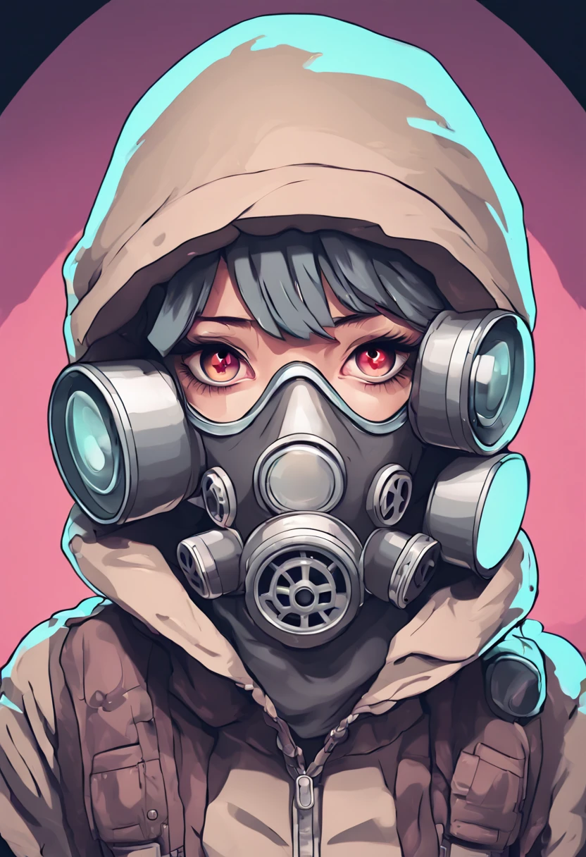 portrait of a little mushroom woman. Wearing a gas mask. Prominent eyes, illustration, anime, vector, nft, azuki style, anime style, single shot, complex background, colorful best image quality, masterpiece, super high resolution, (fidelity:1. 4), mugshot frame photo