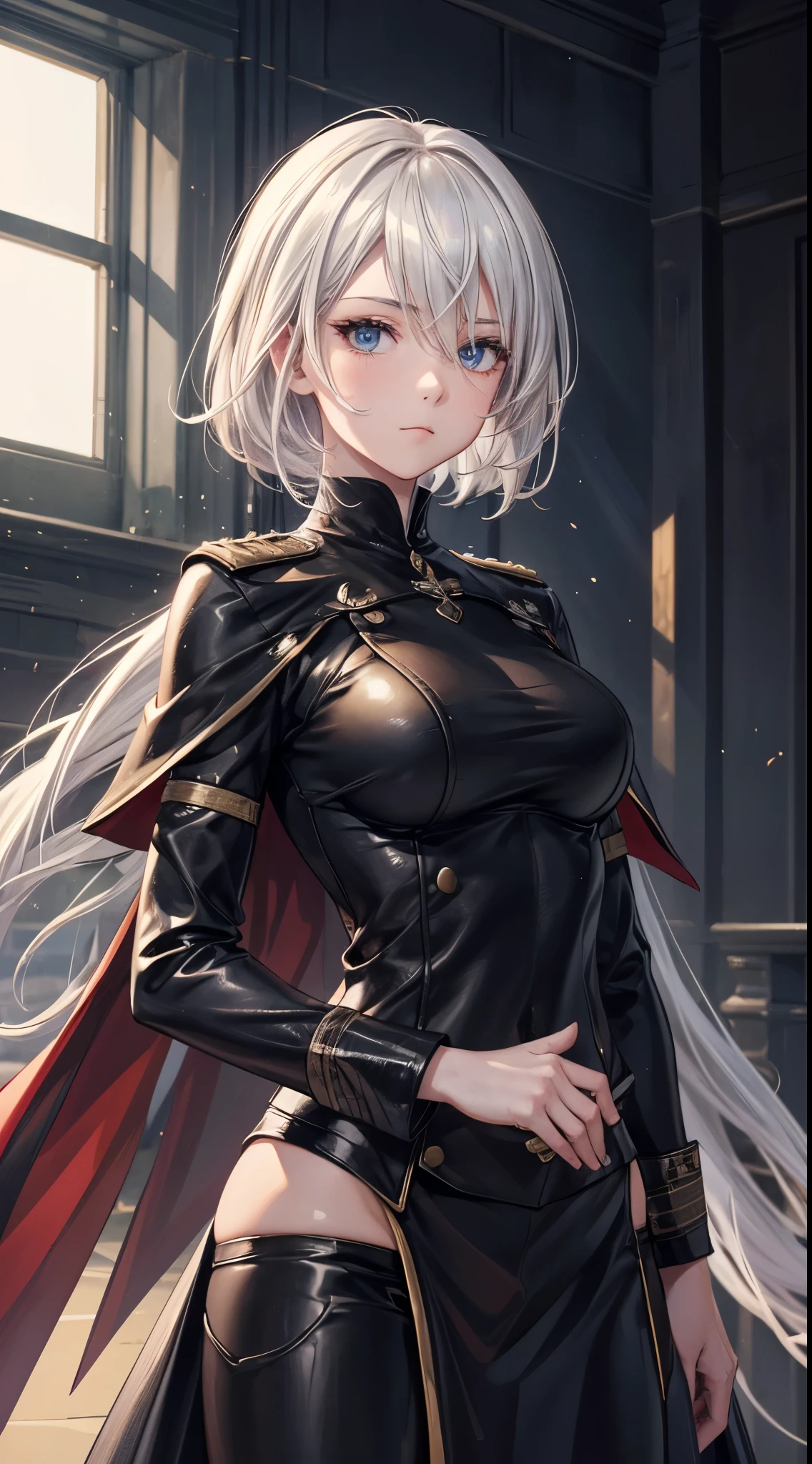 (extremely detailed CG unity 8k wallpaper), (masterpiece), (best quality), (ultra-detailed), (best illustration), (best shadow), (absurdres), 2b, 1girl, short hair, short ponytail, normal size , white hair, blindfold solo, Intimidating women, admiral uniform, night, hero pose, white clothes, General Uniform, Military Uniform, Sunlight, exposed to sunlight,commander, cape, fighting, ((beautiful fantasy girl)), (Master Part: 1.2), Best Quality, High Resolution, photorealestic, photogenic, Unity 8k Wallpaper, perfect lighting, (perfect arms, perfect anatomy) beatiful face, intricate details, lifelike details, the anime, The Perfect Girl, perfect details, ultra HD |, 8k, Professional photo
