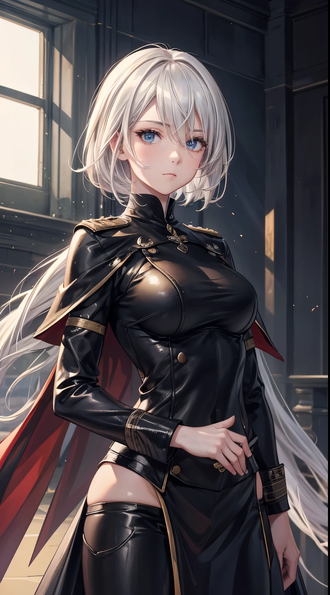 (extremely detailed CG unity 8k wallpaper), (masterpiece), (best quality), (ultra-detailed), (best illustration), (best shadow), (absurdres), 2b, 1girl, short hair, short ponytail, normal size boobs, white hair, blindfold solo, Intimidating women, admiral uniform, night, hero pose, white clothes, General Uniform, Military Uniform, Sunlight, exposed to sunlight,commander, cape, fighting, ((beautiful fantasy girl)), (Master Part: 1.2), Best Quality, High Resolution, photorealestic, photogenic, Unity 8k壁纸, perfect lighting, (perfect arms, perfect anatomy) beatiful face, intricate details, Detalhes realistas, the anime, The Perfect Girl, perfect details, Ultra HD |, 8K, Professional photo