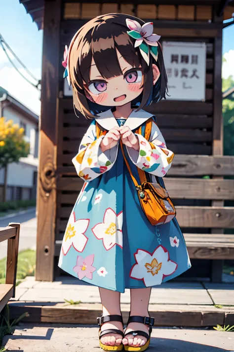Stand in front of the photo、1girl in,Full body,a short bob,sandal、summer sweater,Open mouth and big smile、kawaii pose、Flowing iridescent silk、up of face、Eye Up、Colorcon with heart pattern、Floral dress、There are flowers even in front of you、season!!:夏天☀ 🍂
