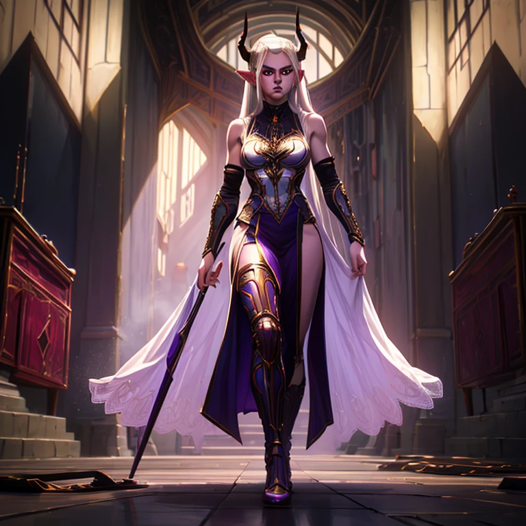 masterpiece, highest quality, (full body view), (perfect face:1.1), (high detail:1.1), (hyper detailed eyes), a tiefling woman with pale white skin and long voluminous white hair, 25 years old, purple eyes, solo, long hair, purple horns, toned body, athletic body, metal-plated armor, arrogant expression, fantasy setting, detailed background, cinematic lighting