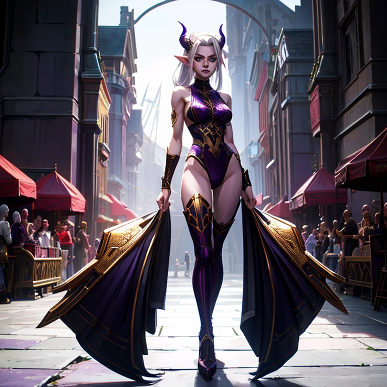 masterpiece, highest quality, (full body view), (perfect face:1.1), (high detail:1.1), (hyper detailed eyes), a tiefling woman with pale white skin and long voluminous white hair, 25 years old, purple eyes, long hair, purple horns, toned body, athletic body, metal-plated armor, friendly expression, happy, talking to a crowd, crowded market place,  fantasy setting, detailed background, cinematic lighting