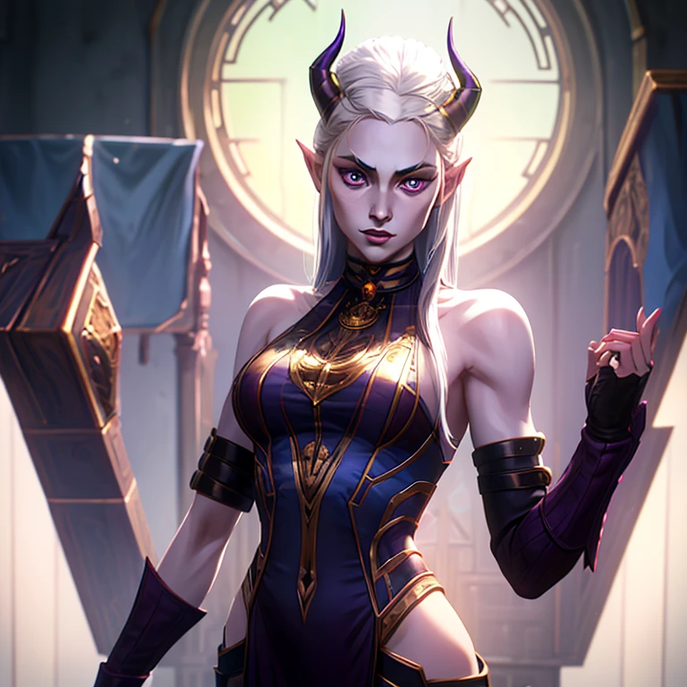 masterpiece, highest quality, (full body view), (perfect face:1.1), (high detail:1.1), (hyper detailed eyes), a tiefling woman with pale white skin and long voluminous white hair, 25 years old, purple eyes, long hair, purple horns, toned body, athletic body, metal-plated armor, friendly expression, happy, talking to a crowd, crowded market place,  fantasy setting, detailed background, cinematic lighting